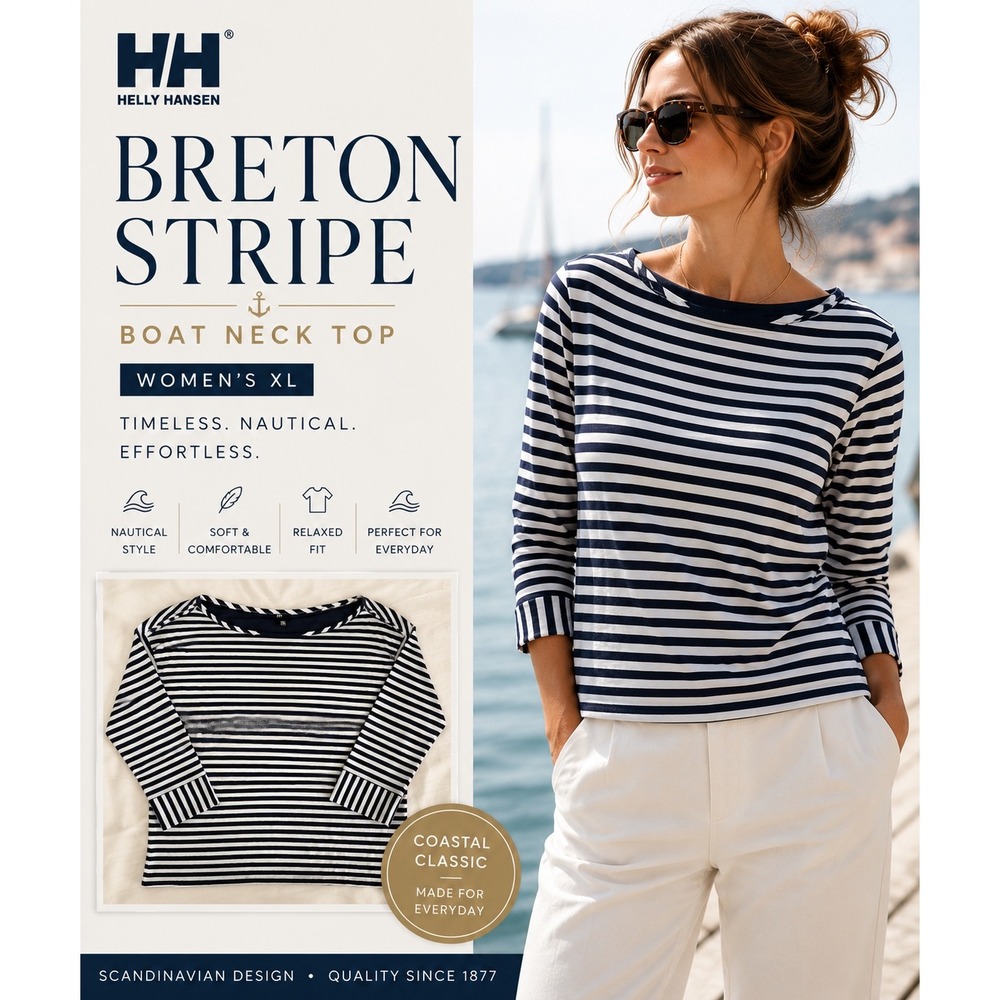 Helly Hansen Breton Stripe Nautical‎ Coastal Grandmother Boat Neck Top XL